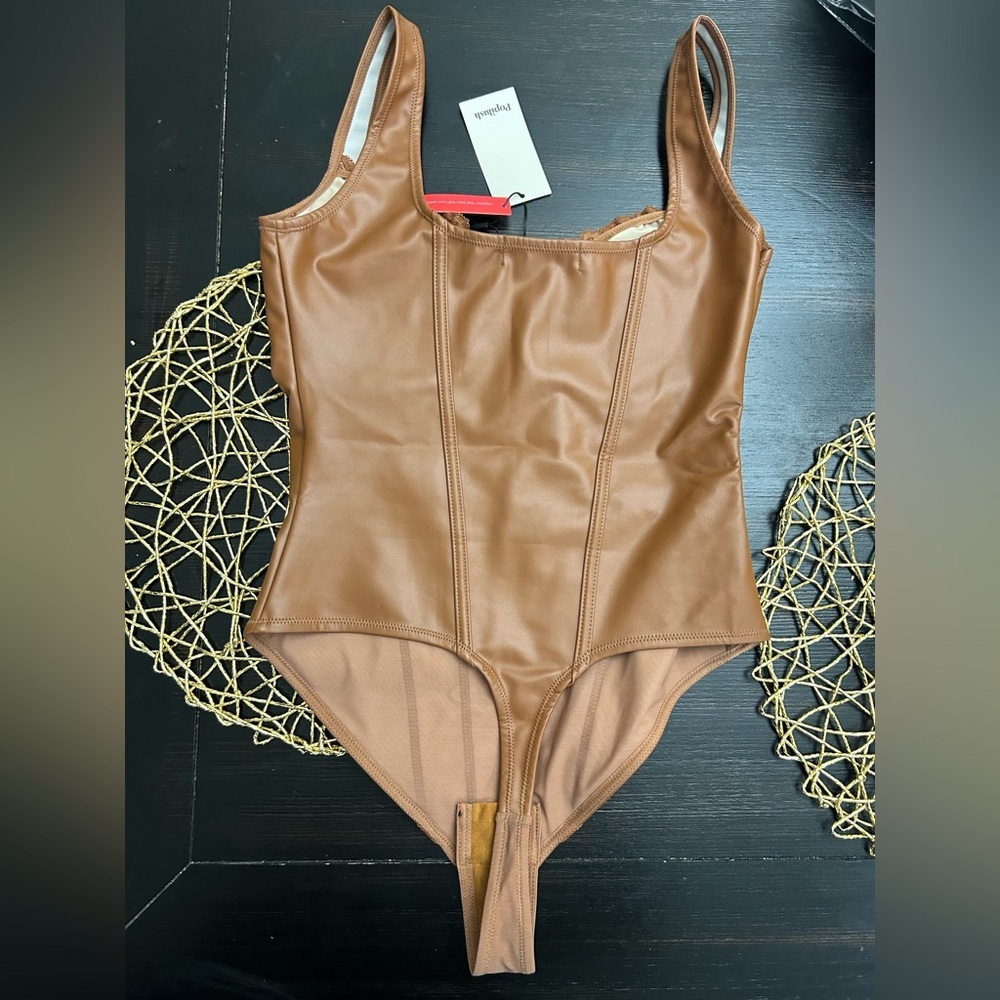 Popilush Size XLarge Shapewear Faux Leather Lace Balconette Sculpting Bodysuit - Picture 9 of 11
